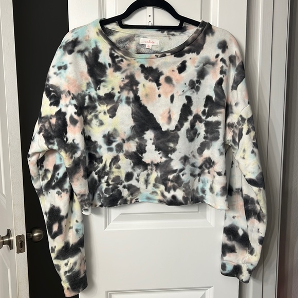 Colsie Tie-Dye Fleece Lounge Crop Sweatshirt Target Long sleeve pink white black - Picture 1 of 3
